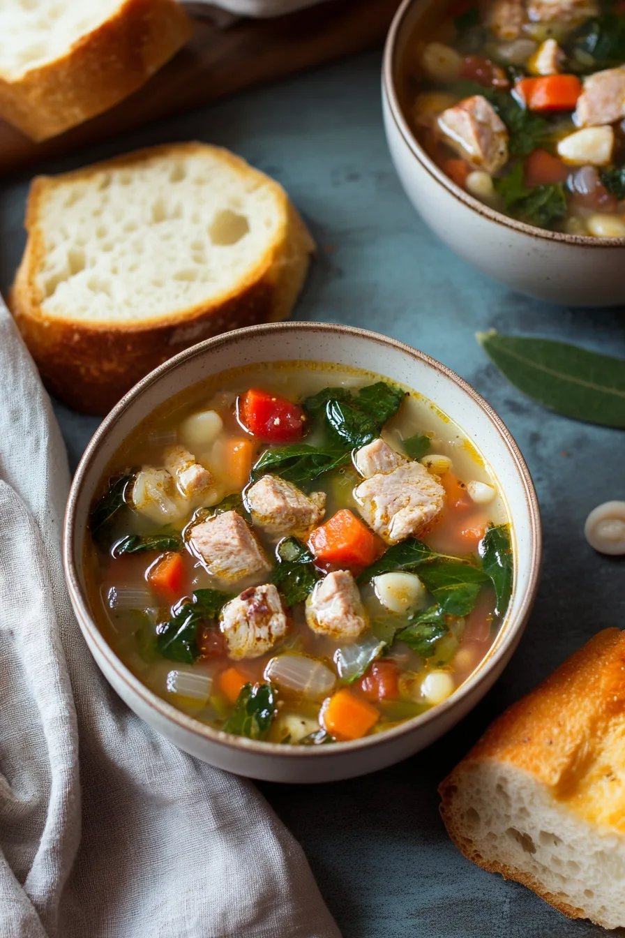 Hearty bowl of soup with sausage, greens, beans, and colorful vegetables.