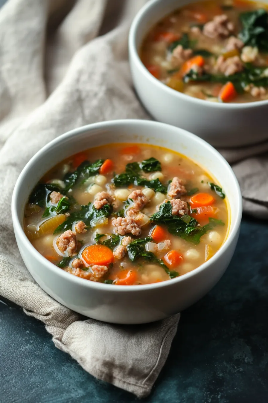 Wholesome soup featuring greens, black-eyed peas, and tender ground sausage.