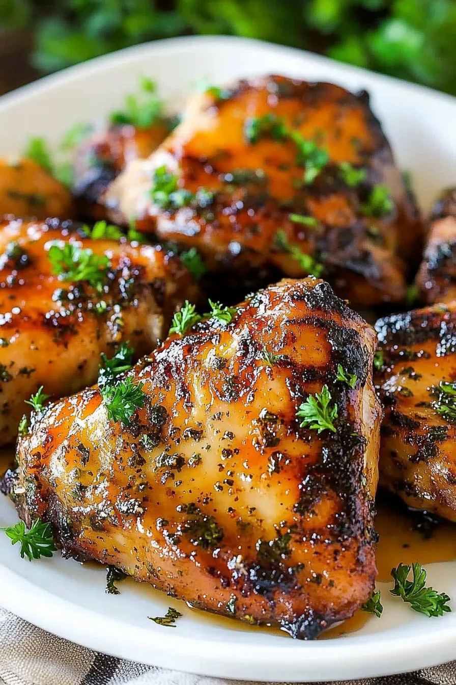 Tender chicken thighs finished with a spicy-sweet coating and parsley garnish.