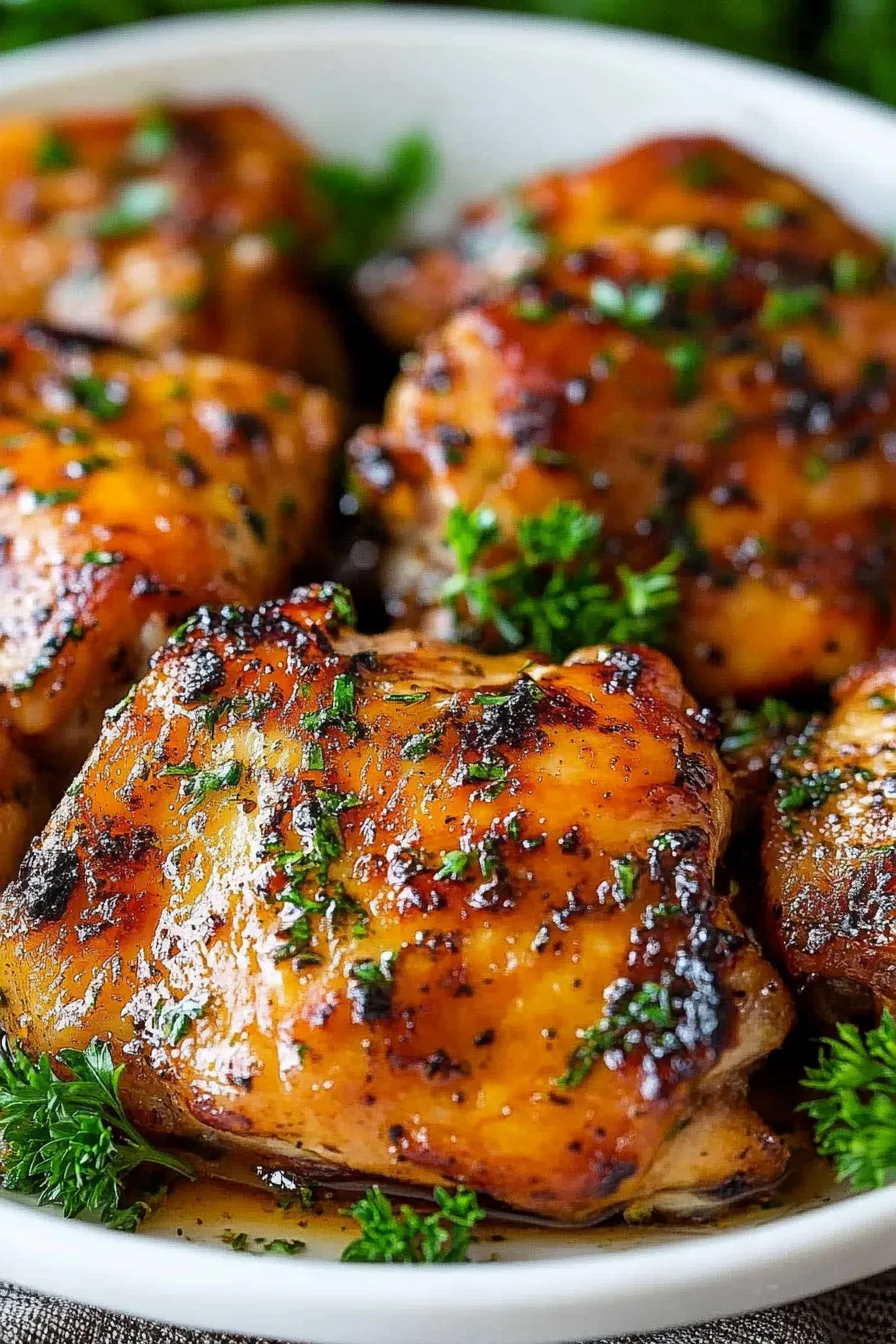 Close-up of golden, glazed chicken thighs topped with fresh herbs.