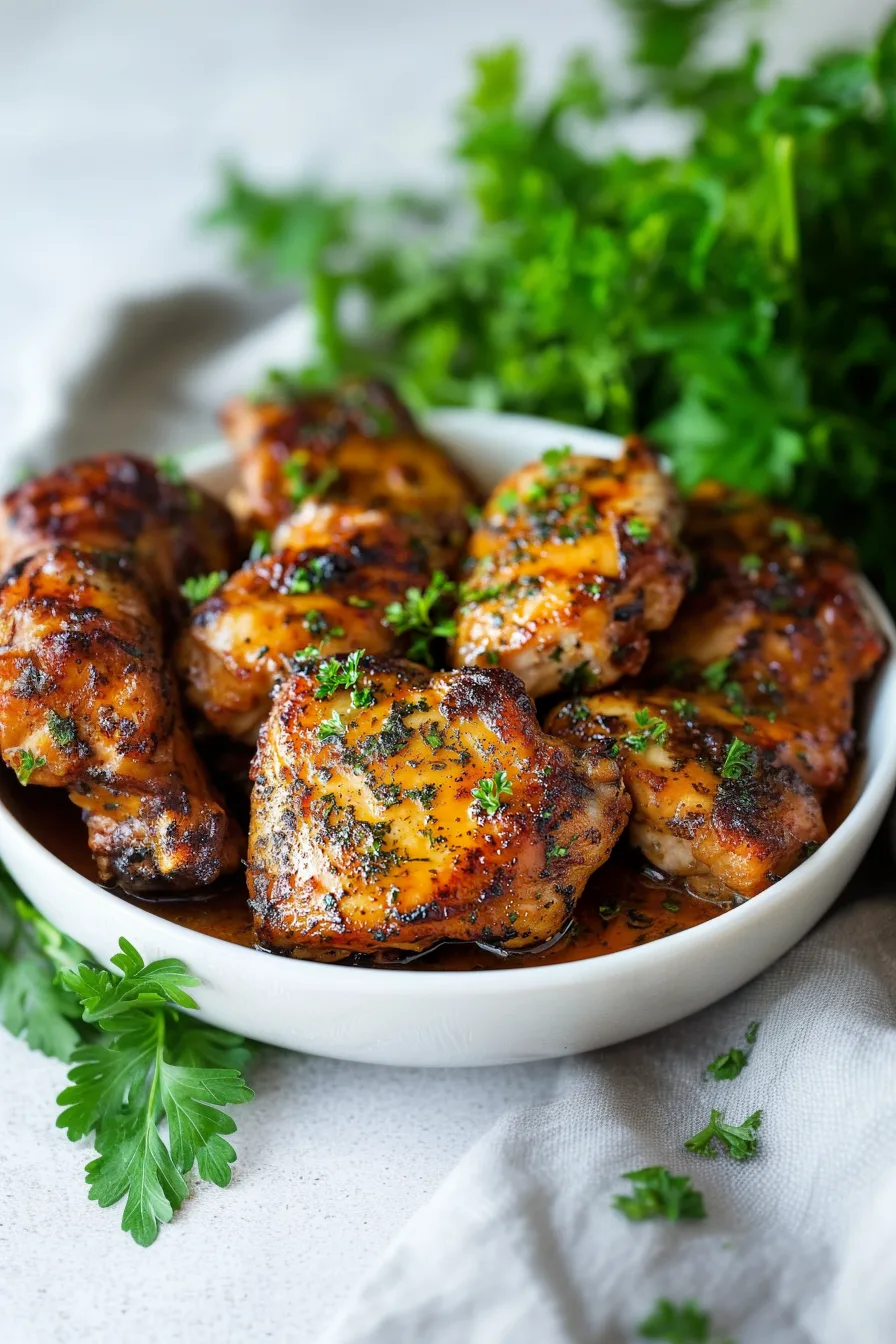 Plate of caramelized chicken thighs with a hint of citrus and herbs.