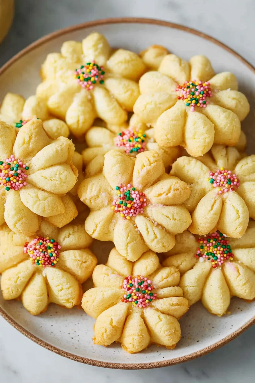 Close-up of delicate spritz cookies with rainbow sprinkles.