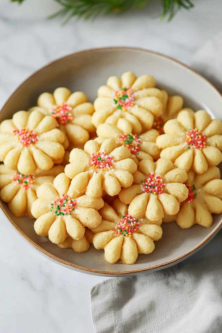 Plate filled with golden baked cookies arranged neatly for serving.