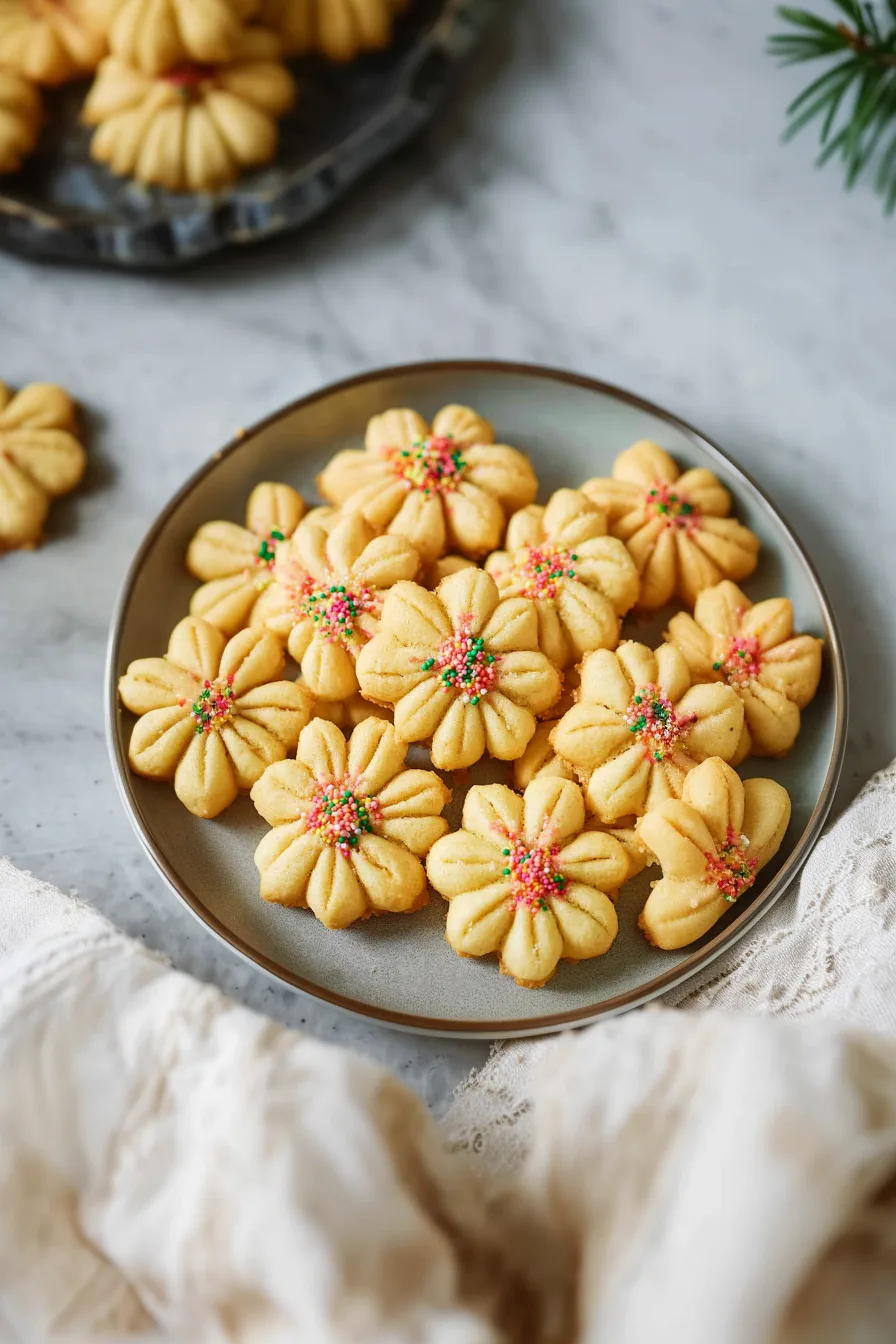 Flower-shaped butter cookies decorated with colorful sprinkles in the center.