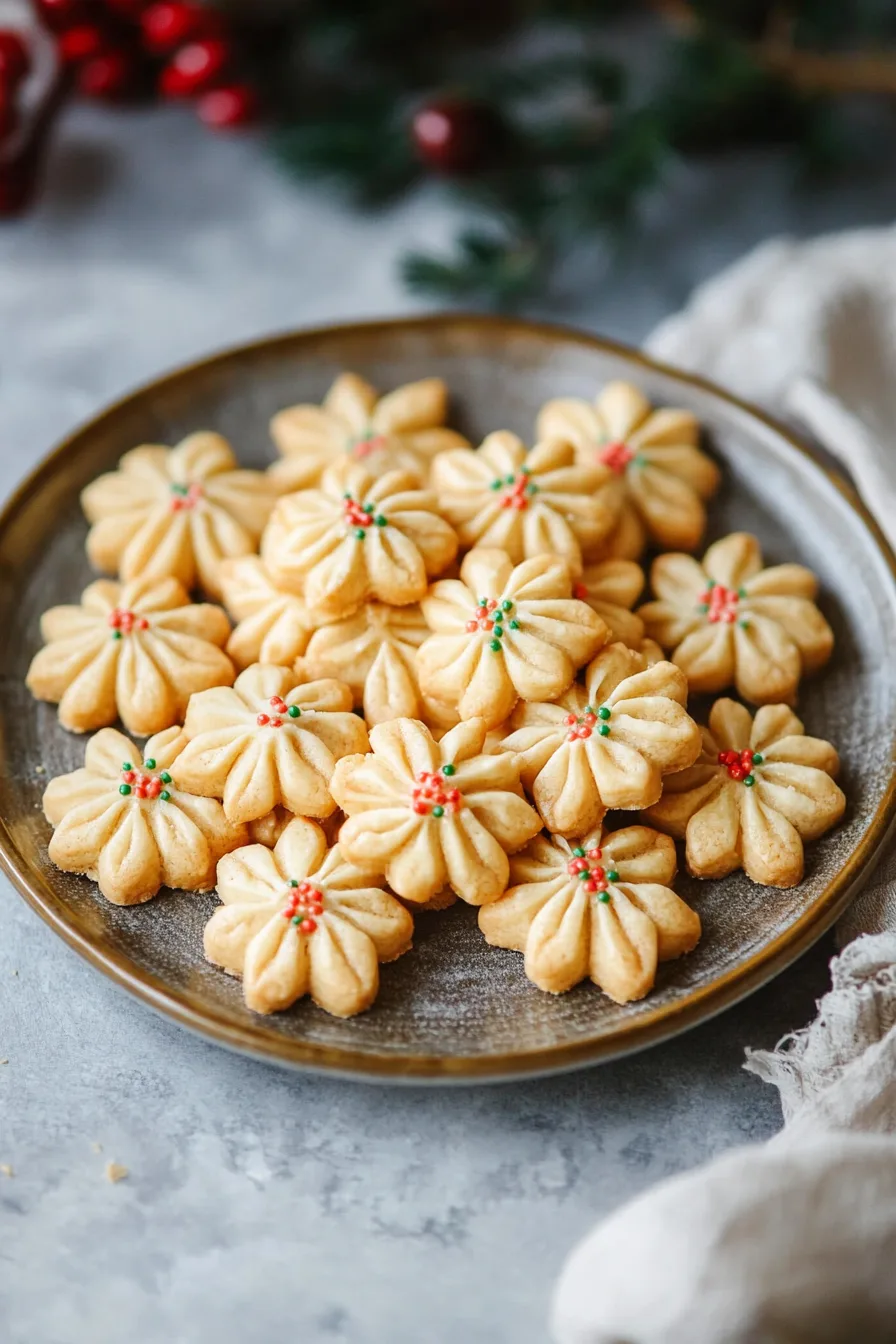 Freshly baked cookies shaped like flowers, topped with nonpareils.