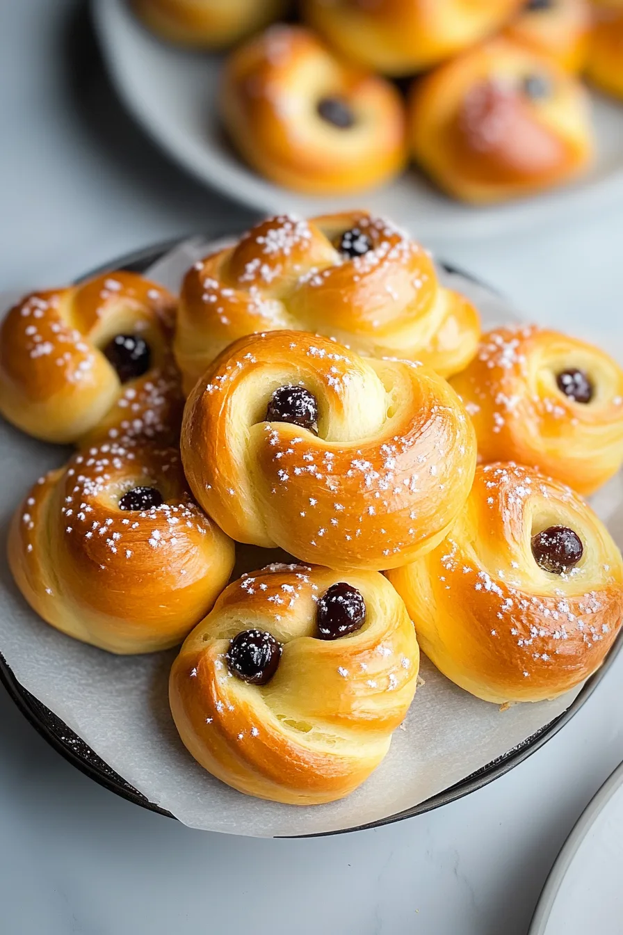 A plate of golden Swedish-style sweet rolls with raisins nestled in the center.