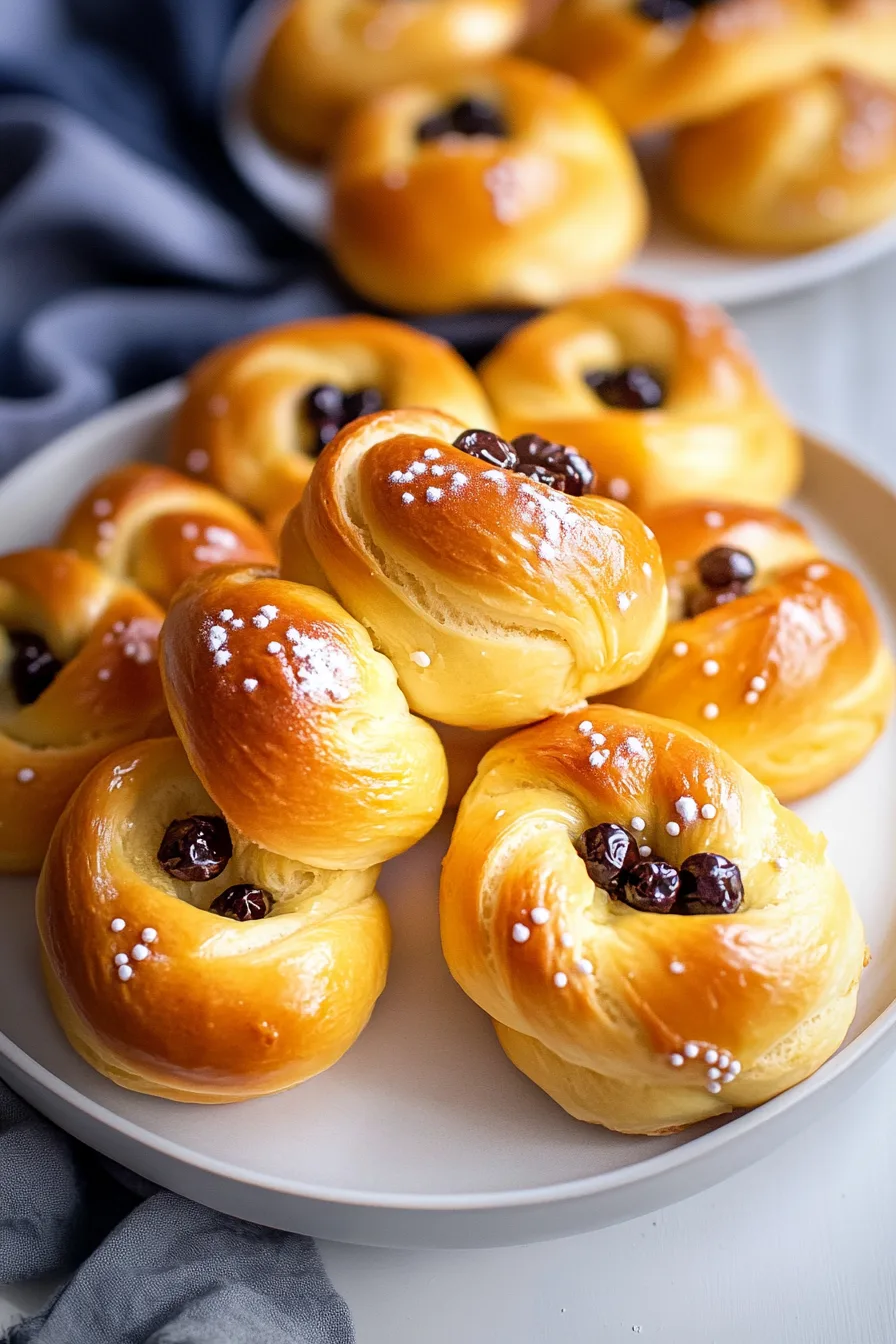 Close-up of freshly baked saffron buns with a soft texture and shiny finish.