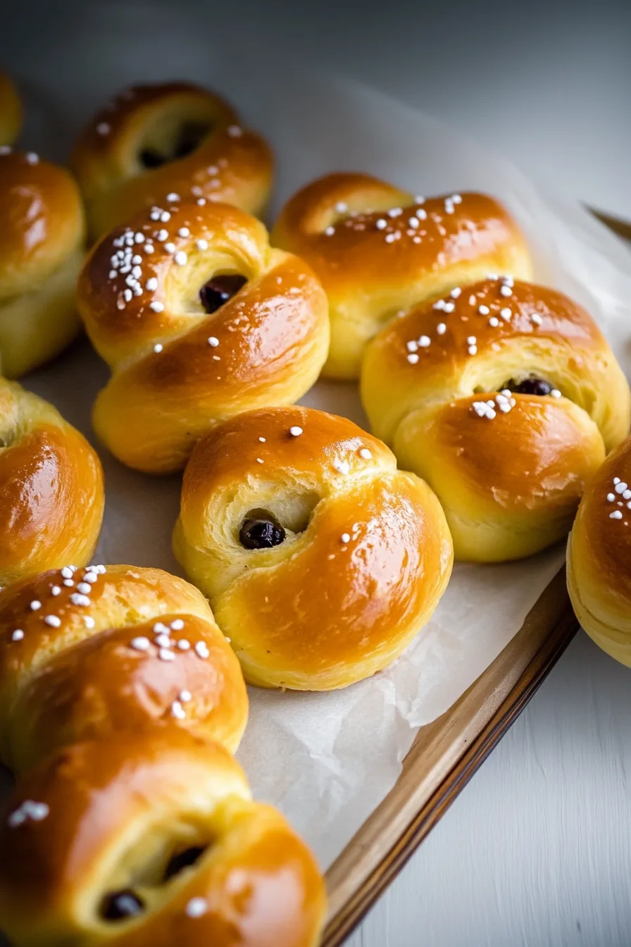 Golden, glossy sweet buns twisted into an S-shape and topped with raisins and pearl sugar.