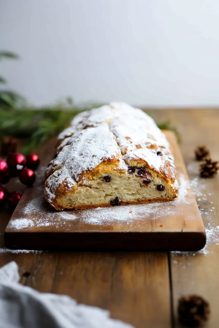 Traditional German-style fruit bread served on a wooden board.