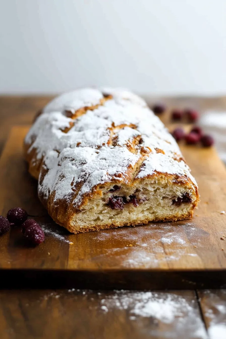 Golden loaf topped with sugar, sliced to reveal rich fruit filling.