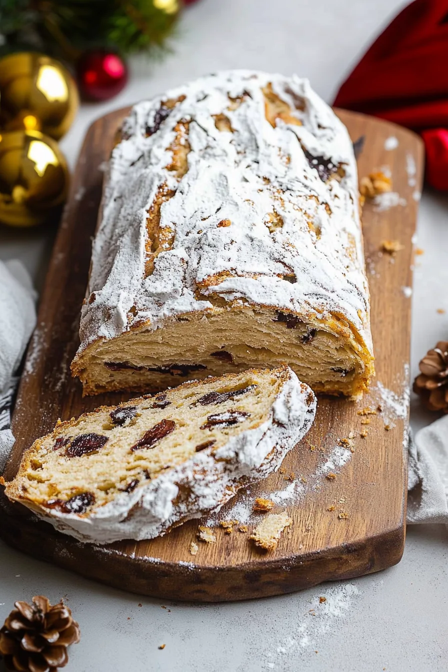 Holiday sweet bread with a dusting of sugar and festive dried fruits inside.