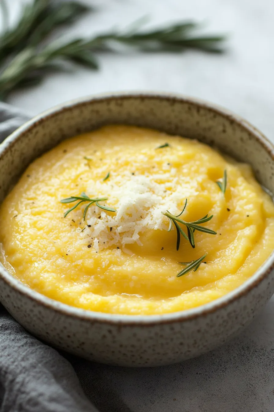 Bowl of golden polenta with a creamy texture and simple garnish on top.