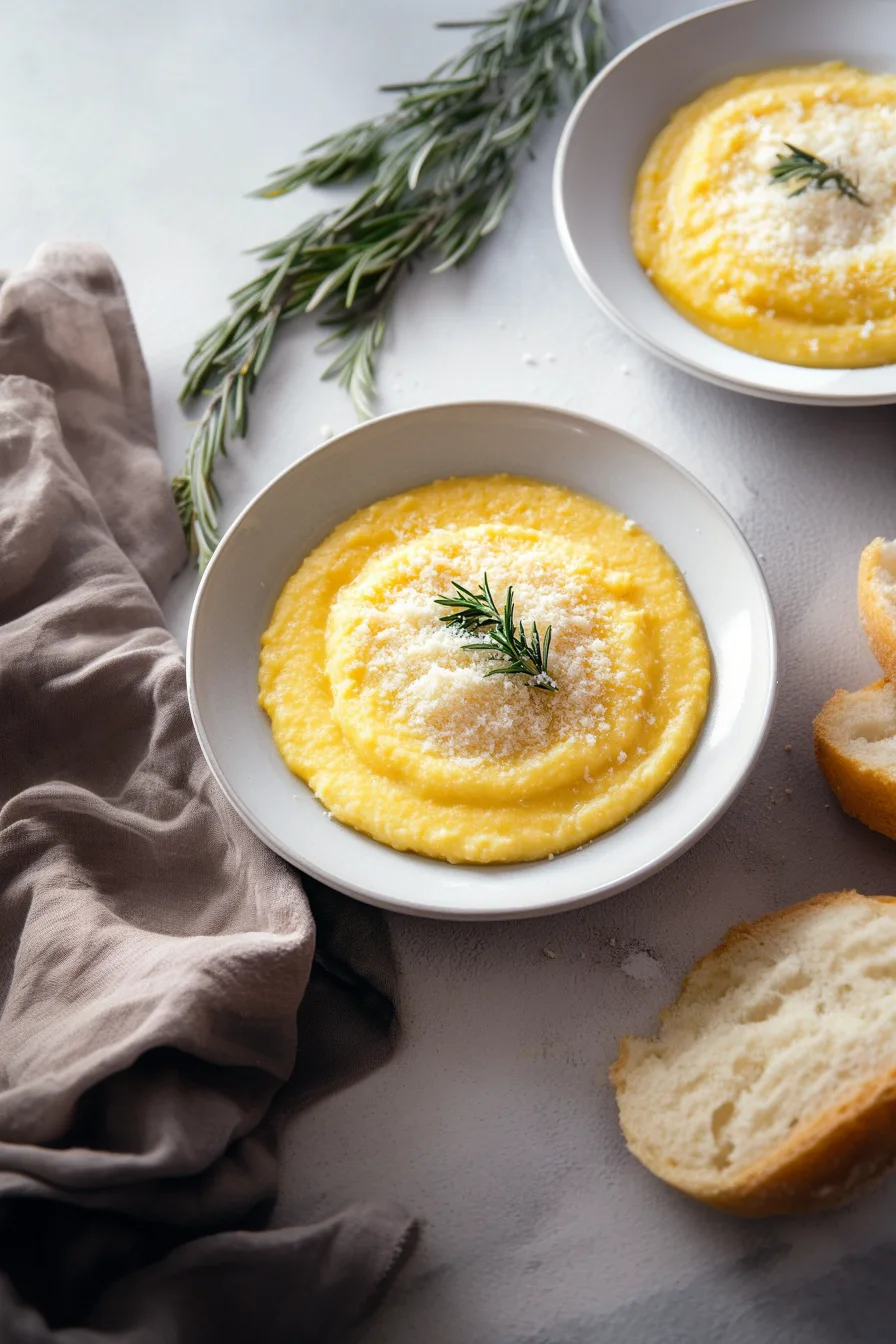 Creamy yellow polenta topped with grated cheese and a sprig of rosemary in a white bowl.