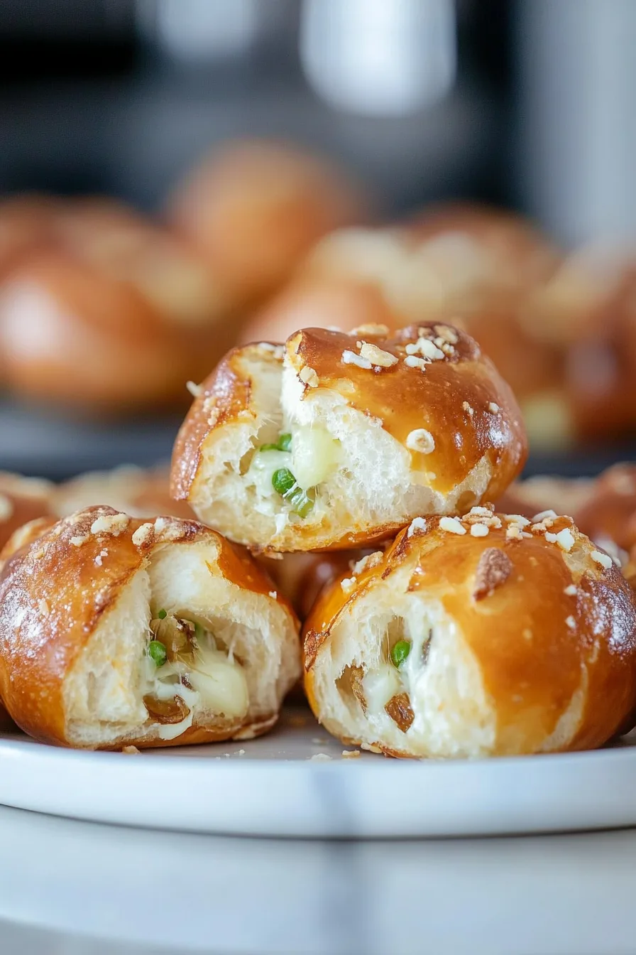Freshly baked bite-sized pretzels with gooey cheese on top.