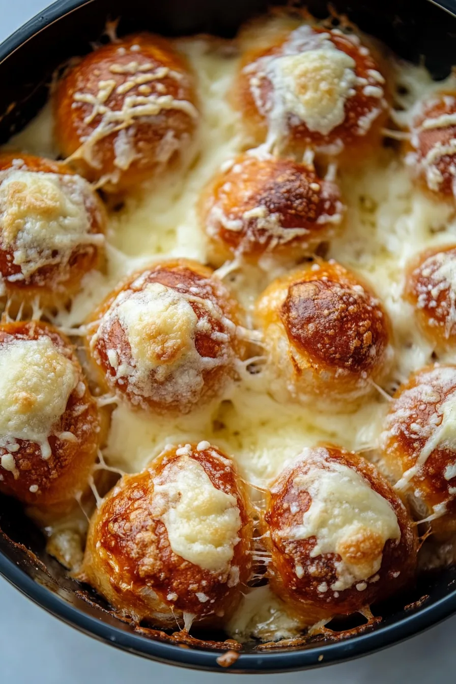 Golden brown pretzel bites topped with melted cheese in a baking dish.