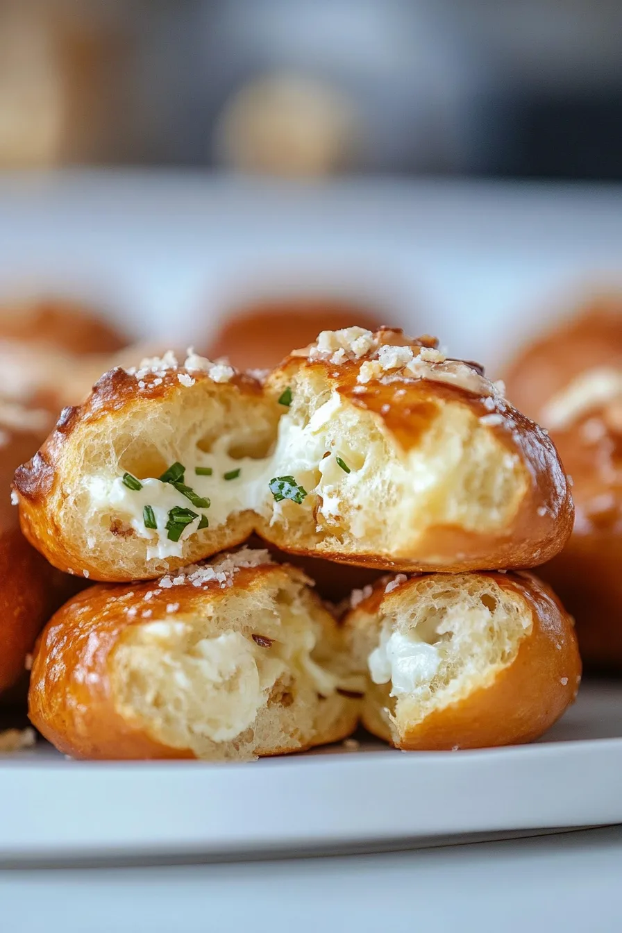Close-up of warm pretzel bites with a cheesy topping.