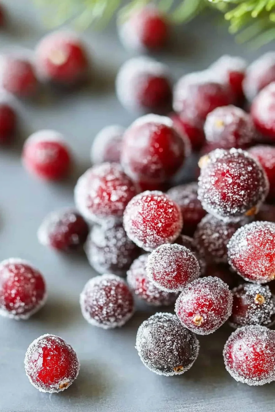 Frosted cranberries served in a bowl, coated with sparkling sugar.