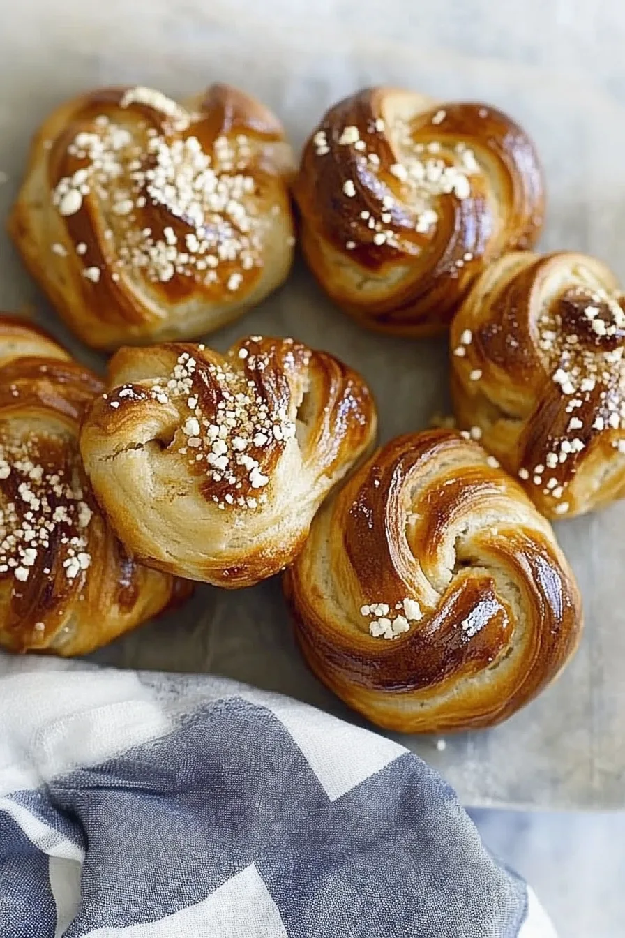 Golden-brown twisted buns sprinkled with sugar on a white parchment background.