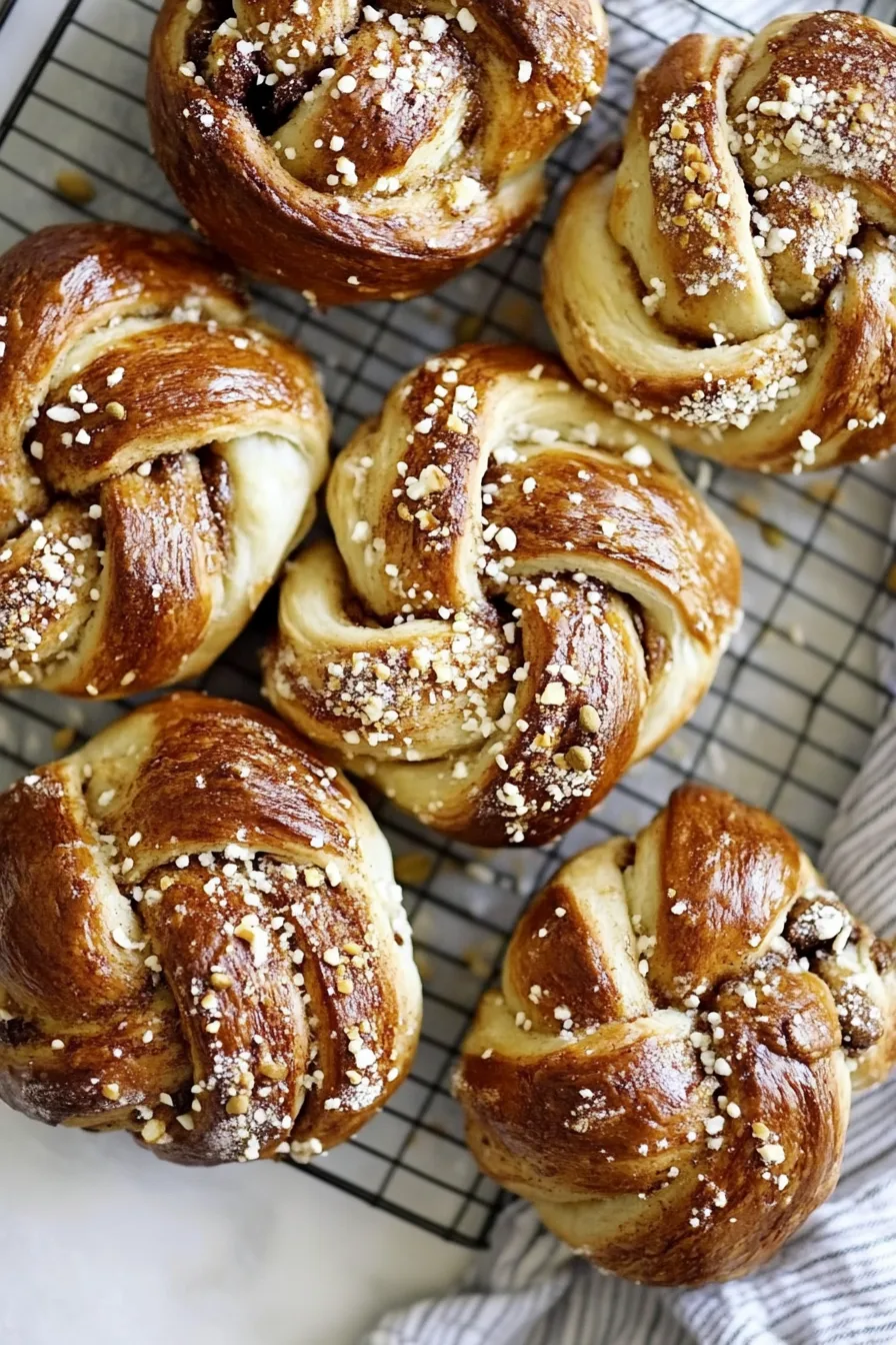 Freshly baked cardamom buns with glossy tops and pearl sugar garnish.