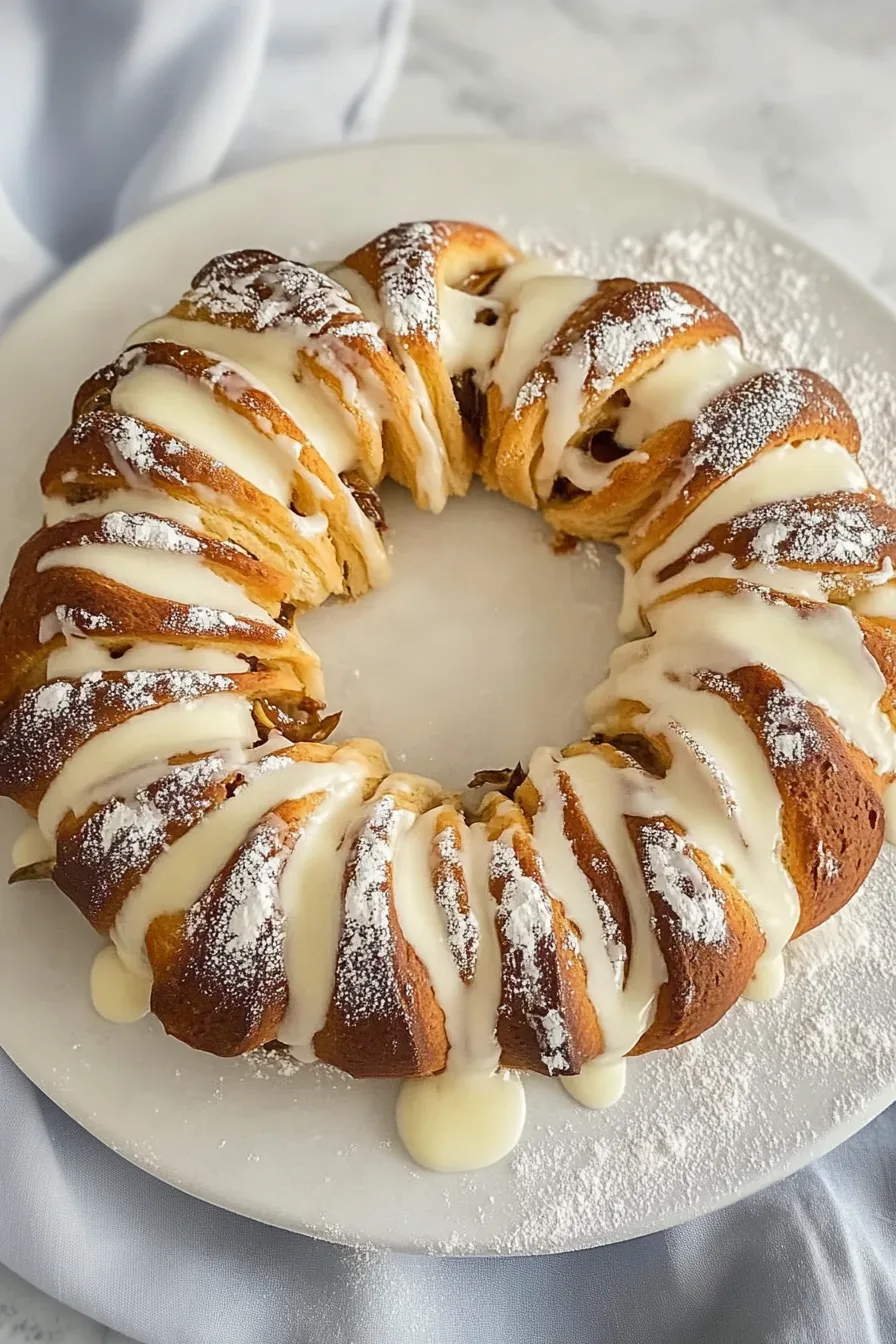 Swedish tea ring displayed on a white plate, ready to slice.