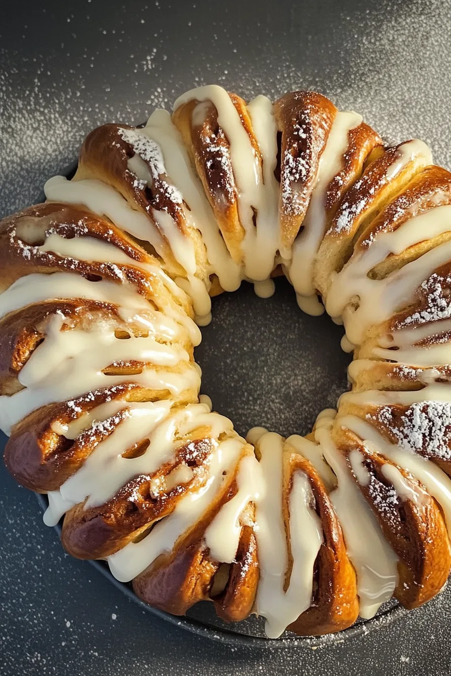 Close-up of a soft, cinnamon-filled ring drizzled with glaze.