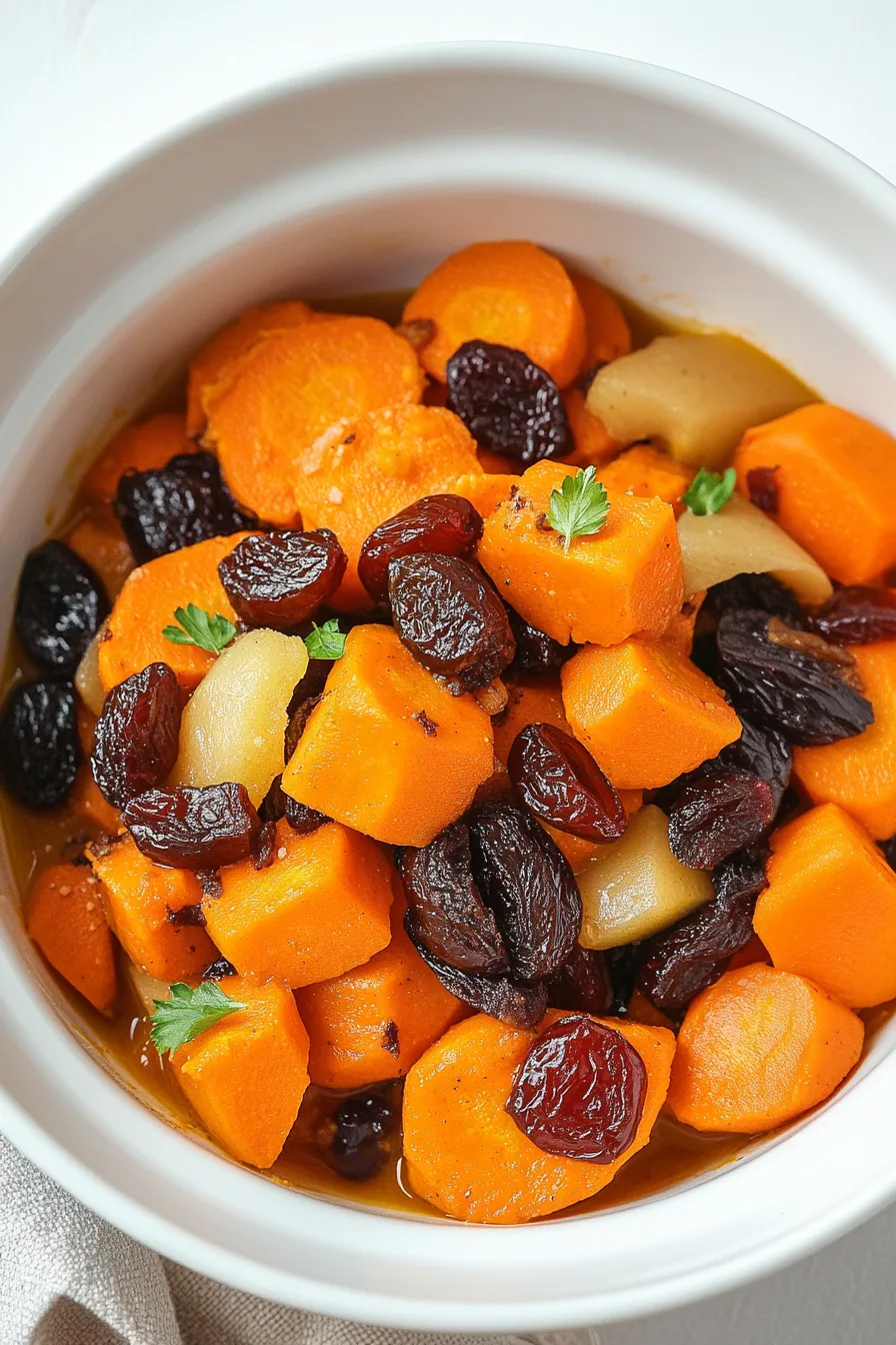 Glossy raisins and soft roasted vegetables piled in a serving bowl for a holiday meal.