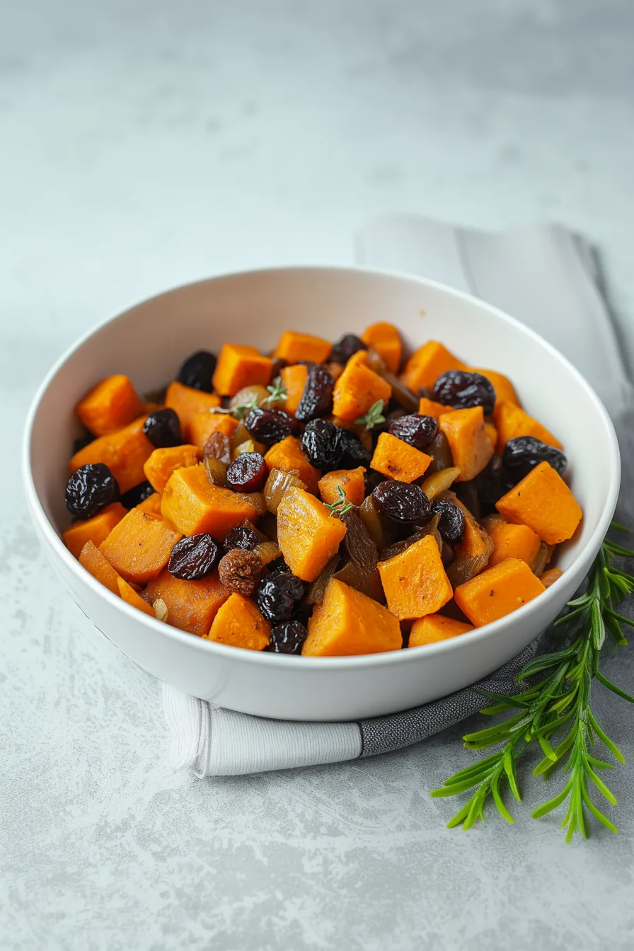 Warm root vegetable medley featuring tender orange cubes and dark raisins, ready to serve.