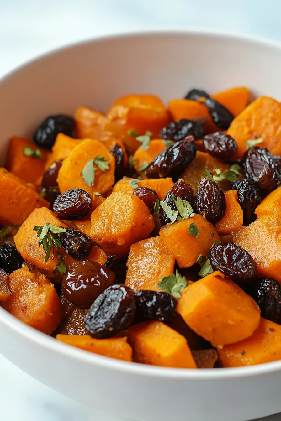 Close-up of roasted sweet potato and carrot cubes mixed with raisins and fresh herbs in a white bowl.