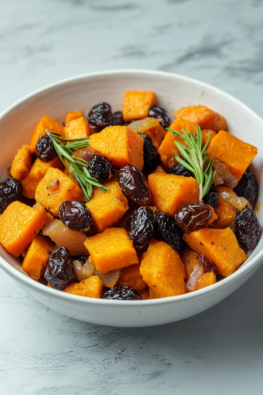 Hearty side dish of caramelized carrots and sweet potatoes garnished with herbs.