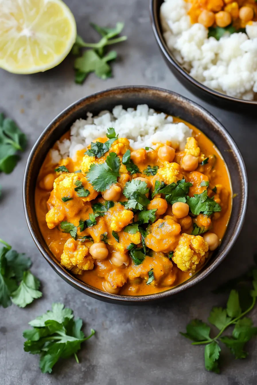 Bowl of creamy curry with cauliflower florets, chickpeas, and fresh cilantro.