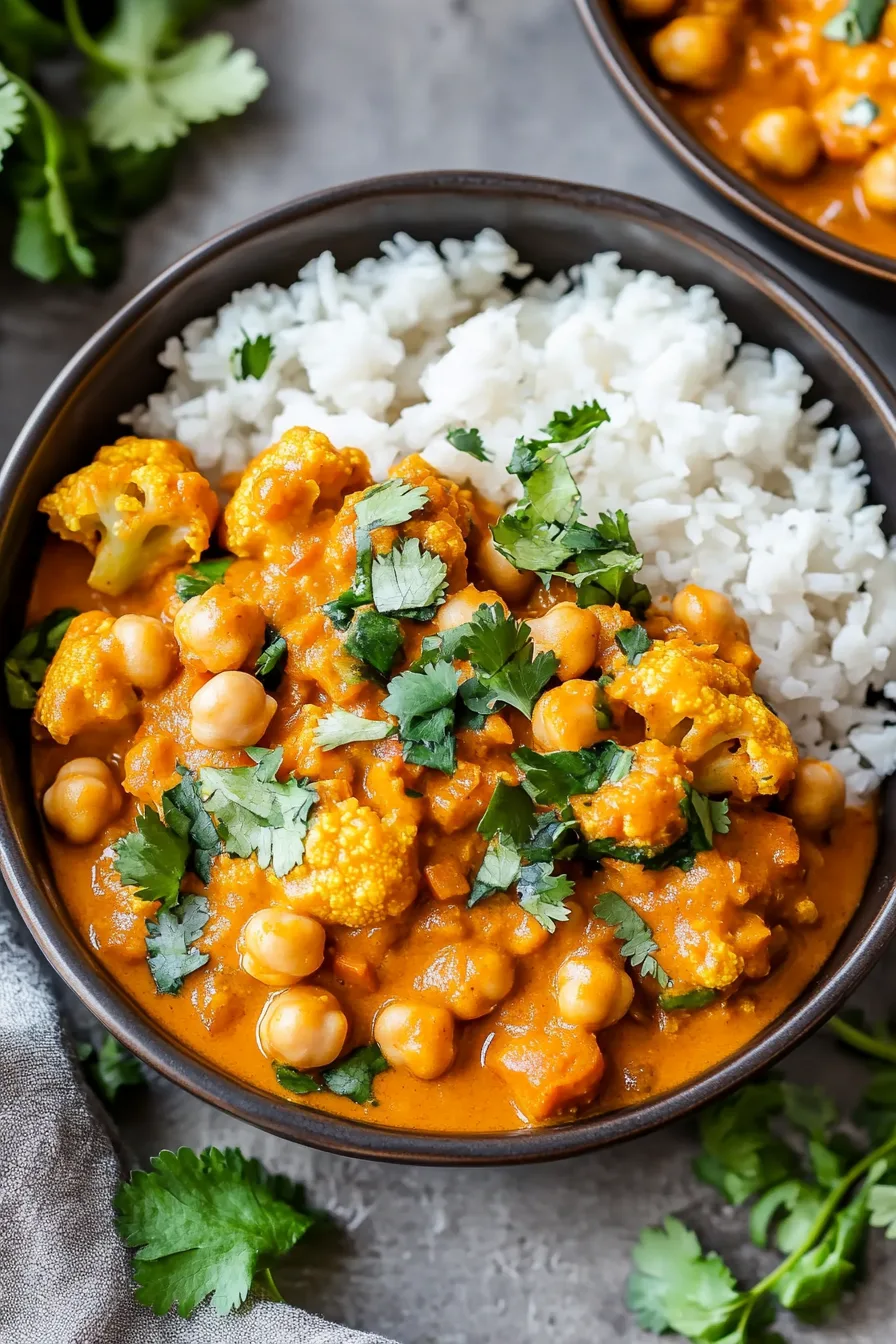 Close-up of a vibrant tomato-based curry with tender vegetables and herbs.