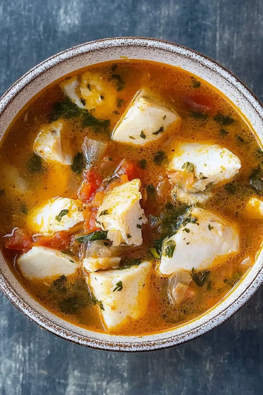 Warm, savory fish and tomato stew served with slices of crusty bread.