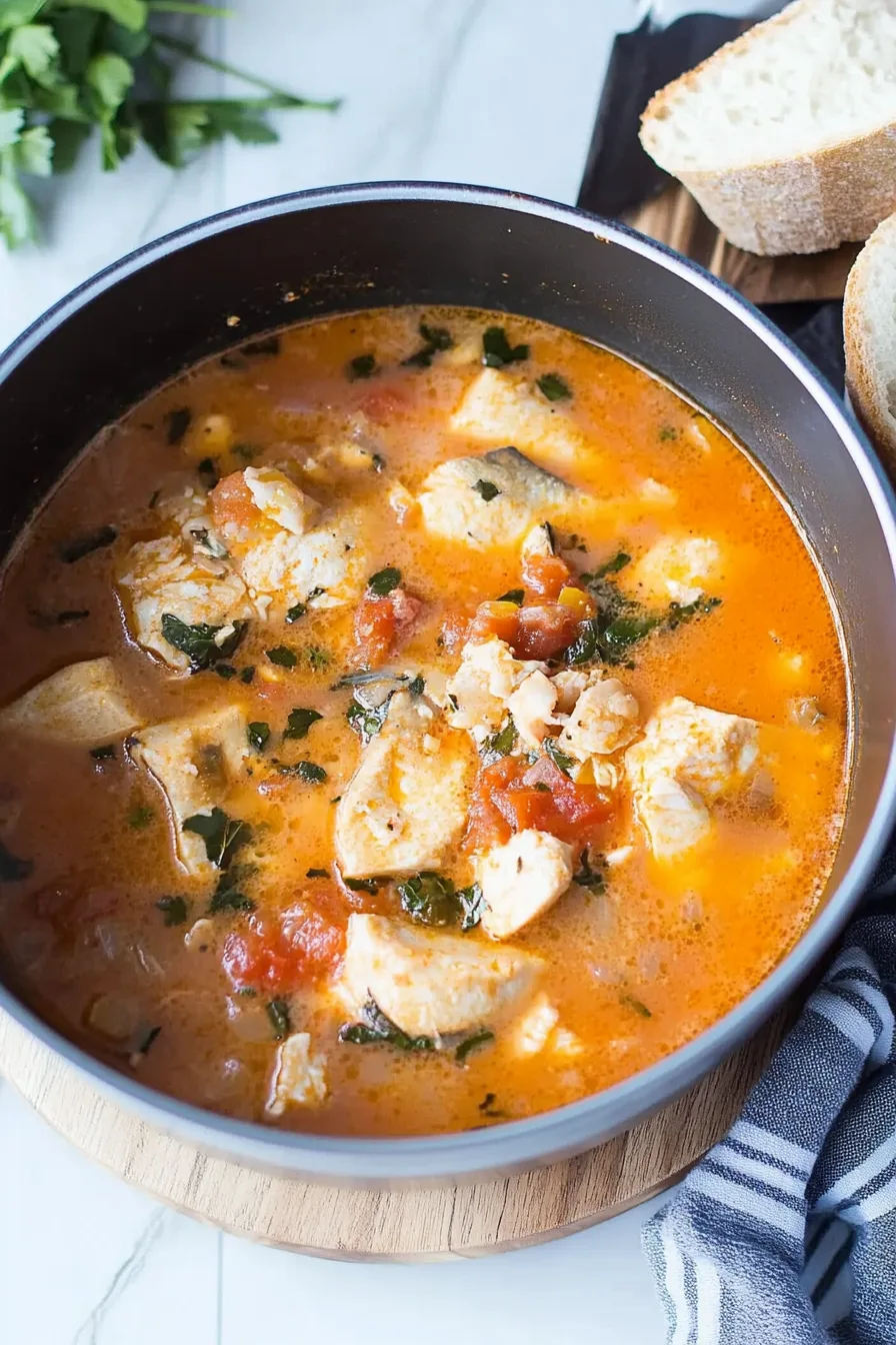 A pot of hearty stew with tender fish pieces, tomatoes, and herbs in a rich broth.