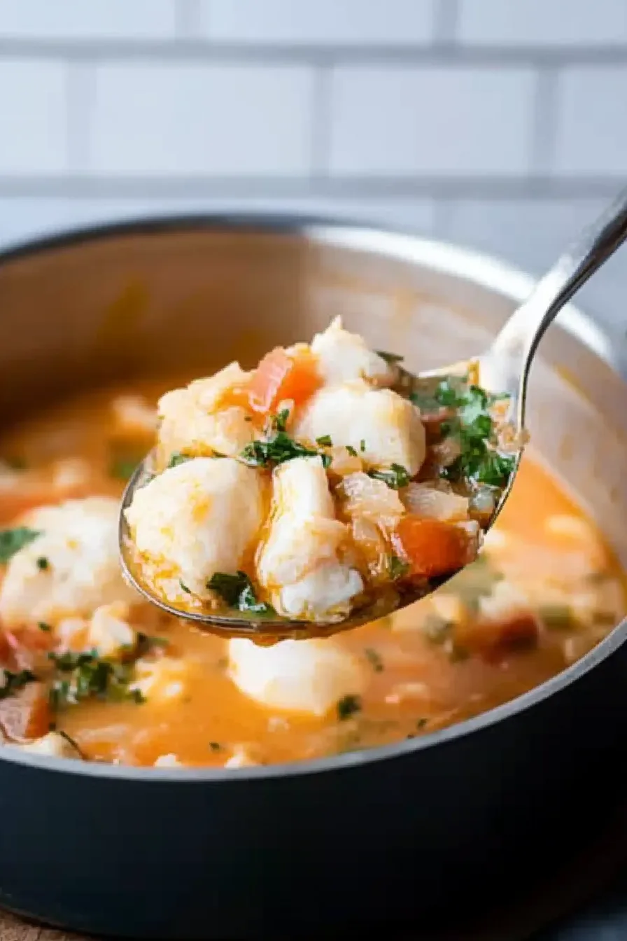 Close-up of a flavorful seafood stew with chunks of fish and fresh parsley.