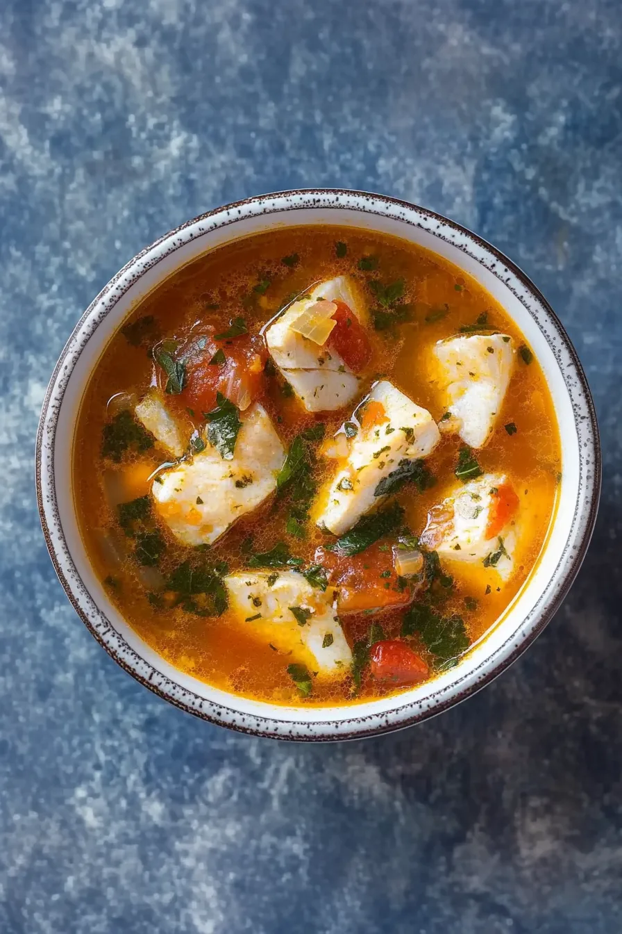 Rustic bowl of tomato-based stew with white fish, garlic, and herbs