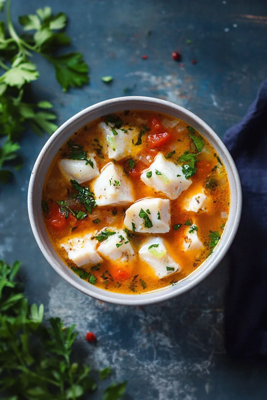 Homemade stew featuring tender fish in a fragrant tomato and garlic sauce.