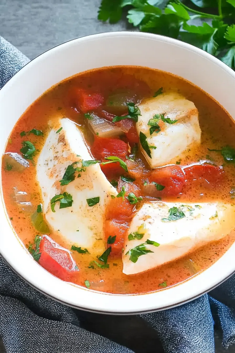Homemade fish and tomato stew garnished with fresh herbs and spices.