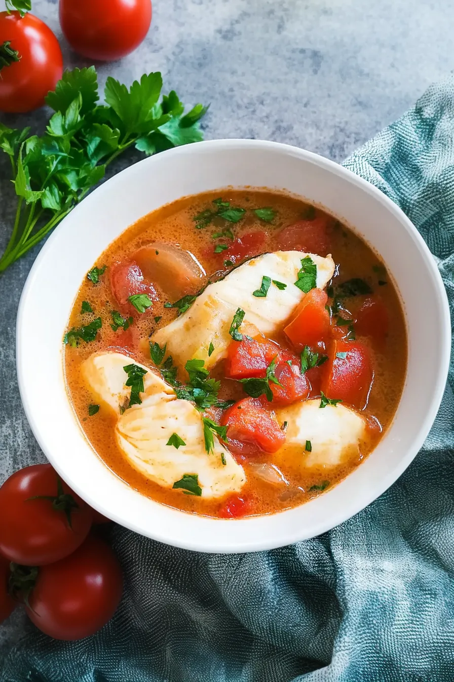 Warm, comforting stew featuring white fish, peppers, and a rich red broth.