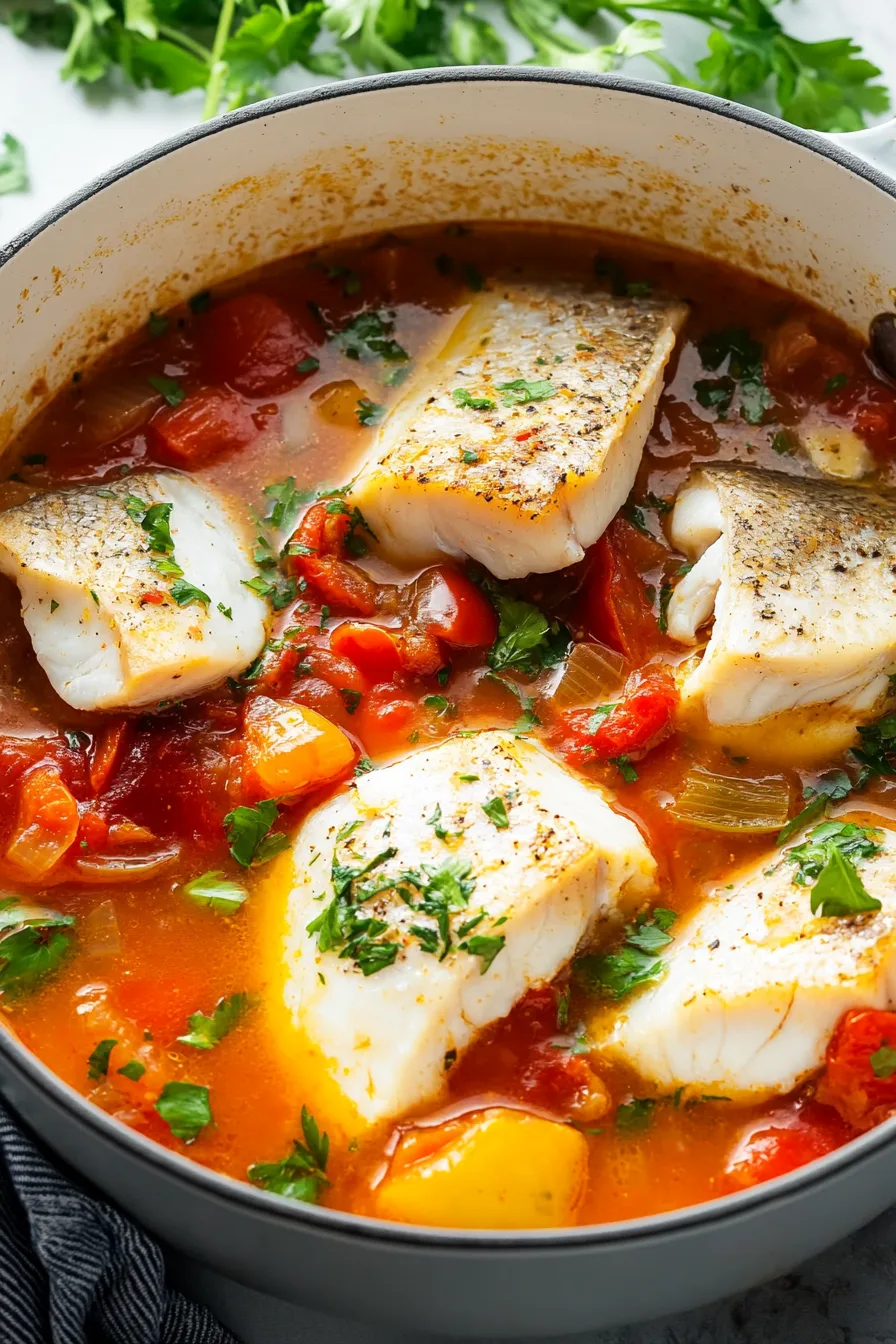 A pot of tender white fish simmered with tomatoes, herbs, and vegetables in a light broth.