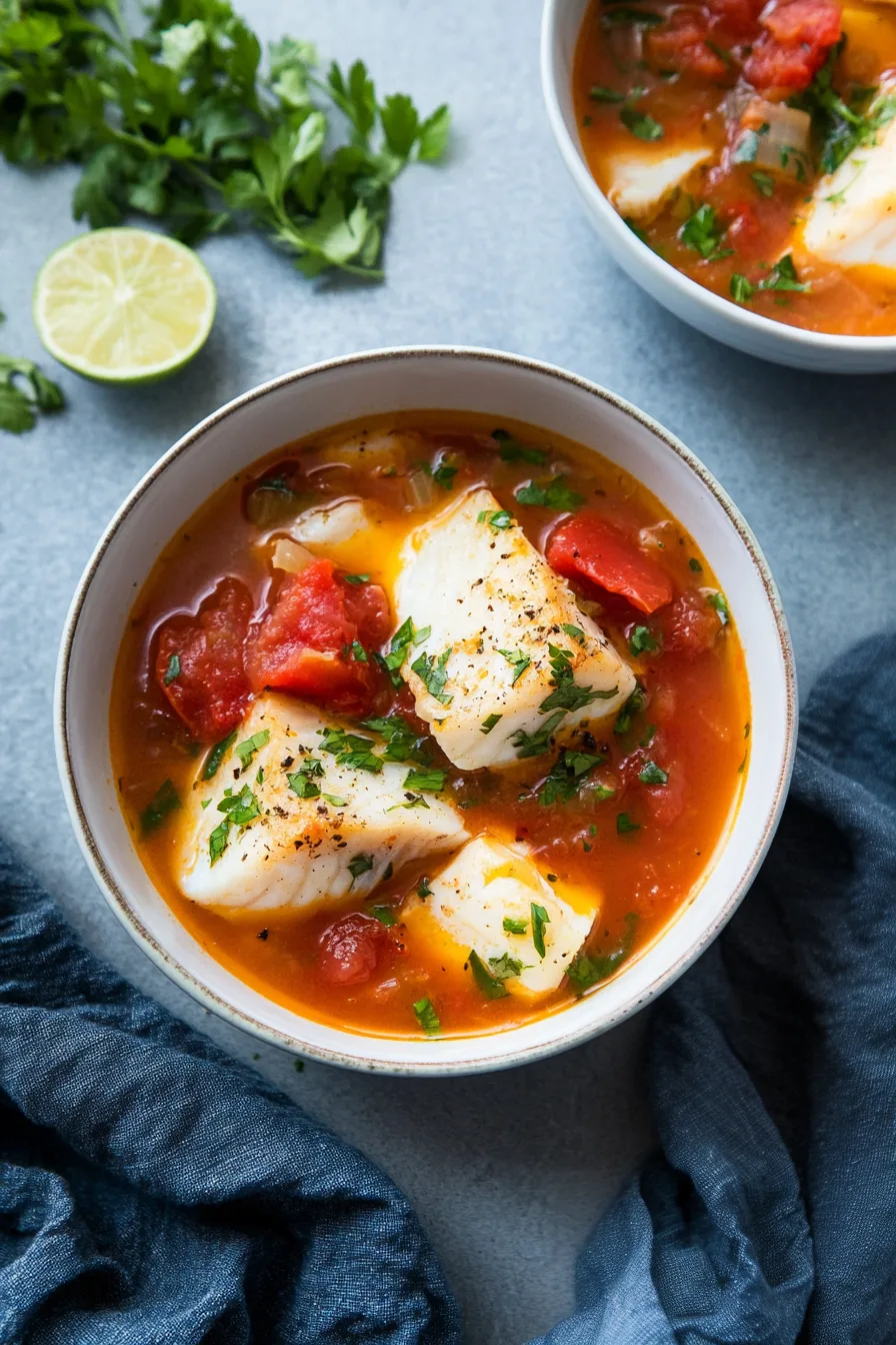 Hearty seafood dish with flaky fish pieces in a vibrant tomato sauce.