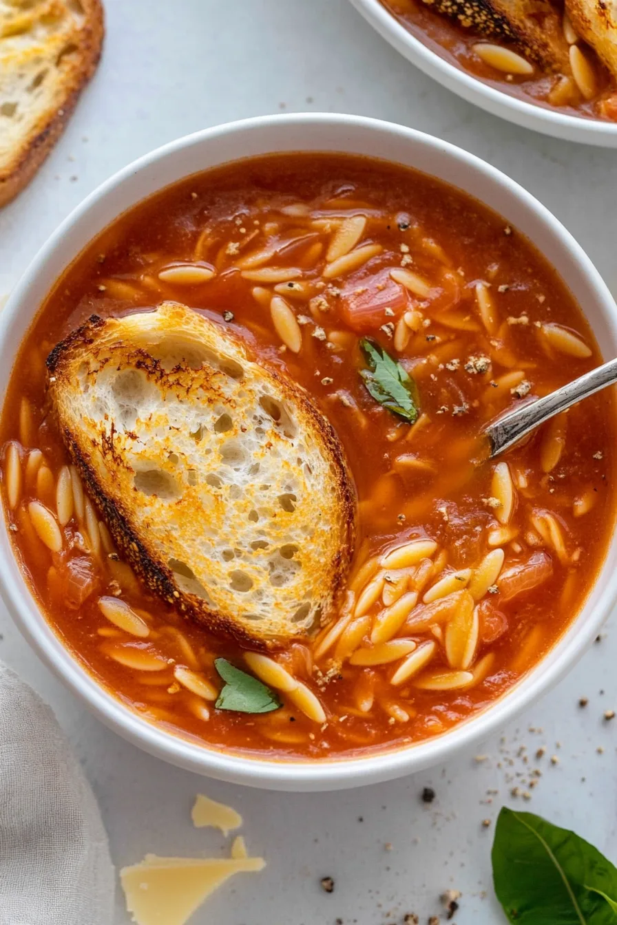 Close-up of hearty tomato soup filled with orzo and topped with golden garlic toast.