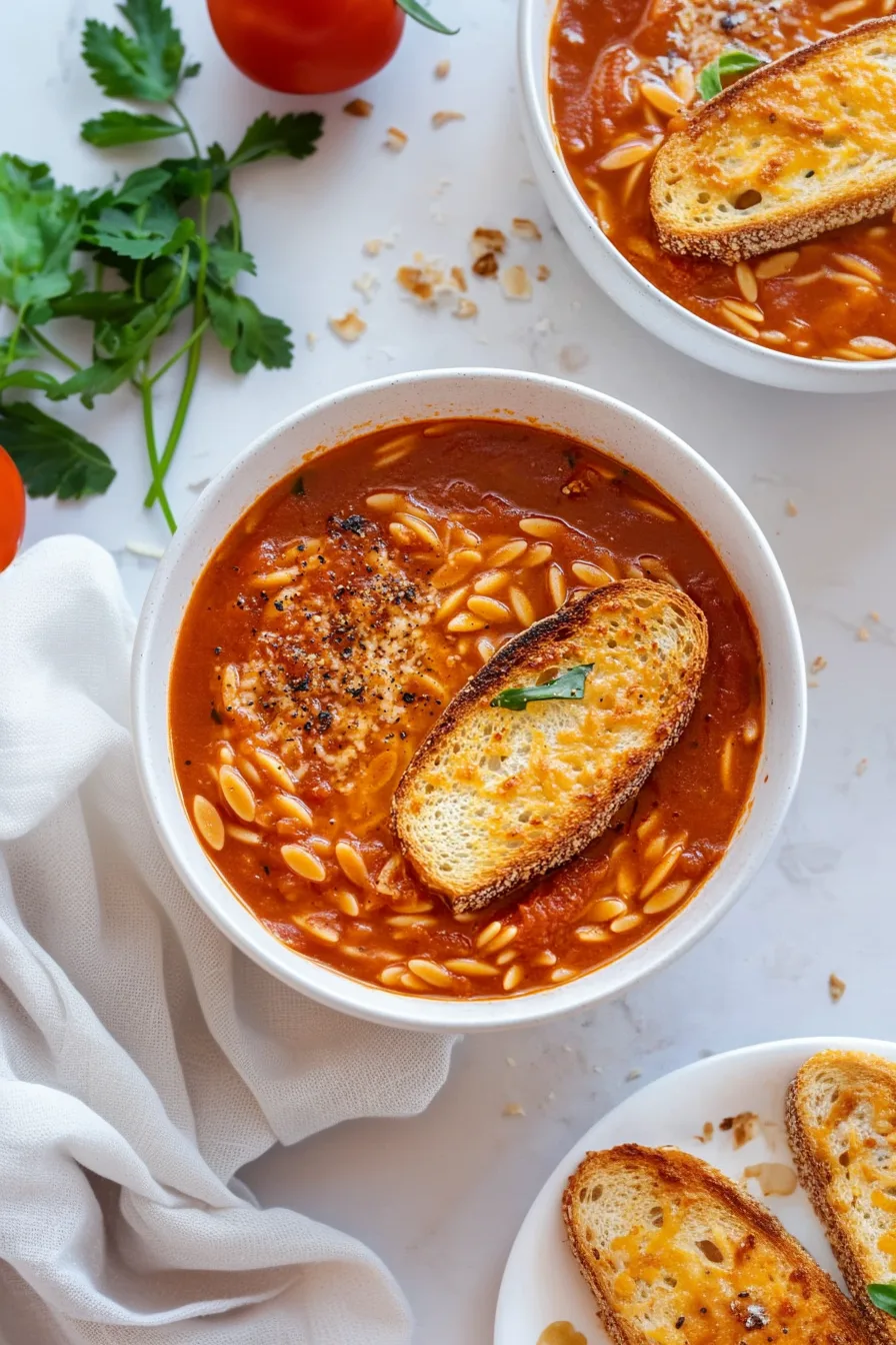 Bowl of tomato-based soup with tender orzo pasta and a slice of toasted bread on top.
