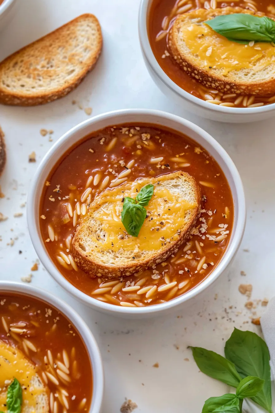 Cozy bowl of red soup garnished with fresh herbs and a crisp slice of bread.