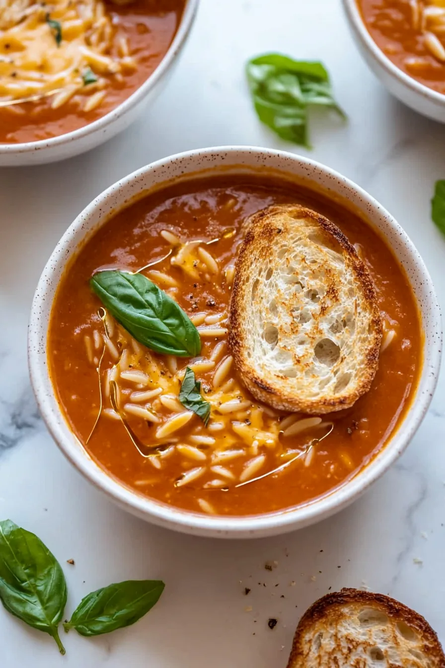 Rustic serving of pasta soup with rich tomato broth and toasted baguette slices.