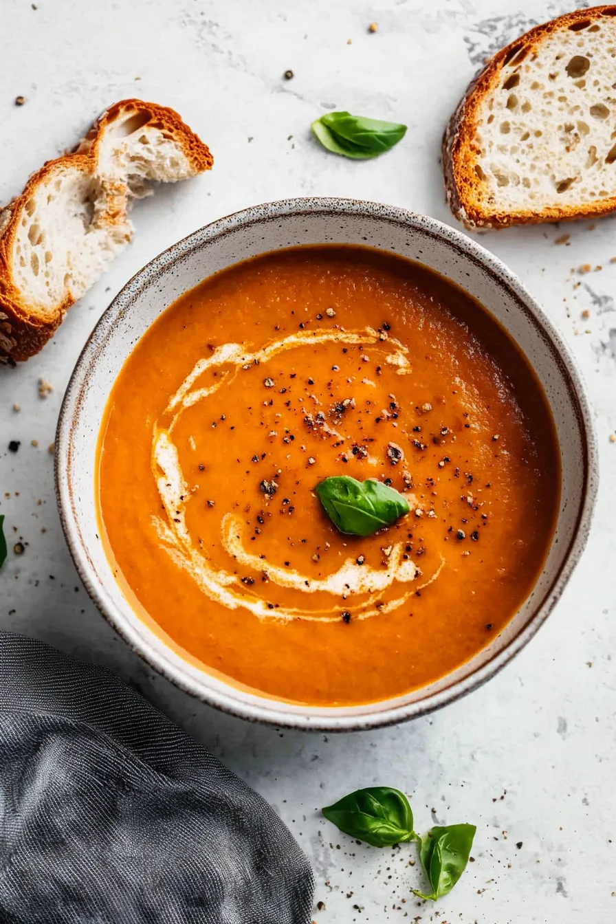 Rustic ceramic bowl filled with velvety orange soup served with crusty bread.