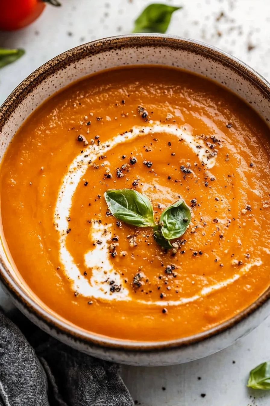 Close-up of warm blended soup with a swirl of cream and basil garnish.