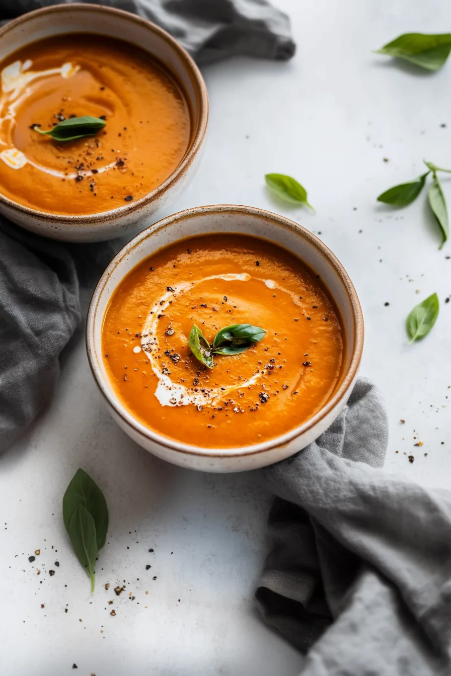 Bowl of smooth roasted vegetable soup topped with black pepper and fresh herbs.