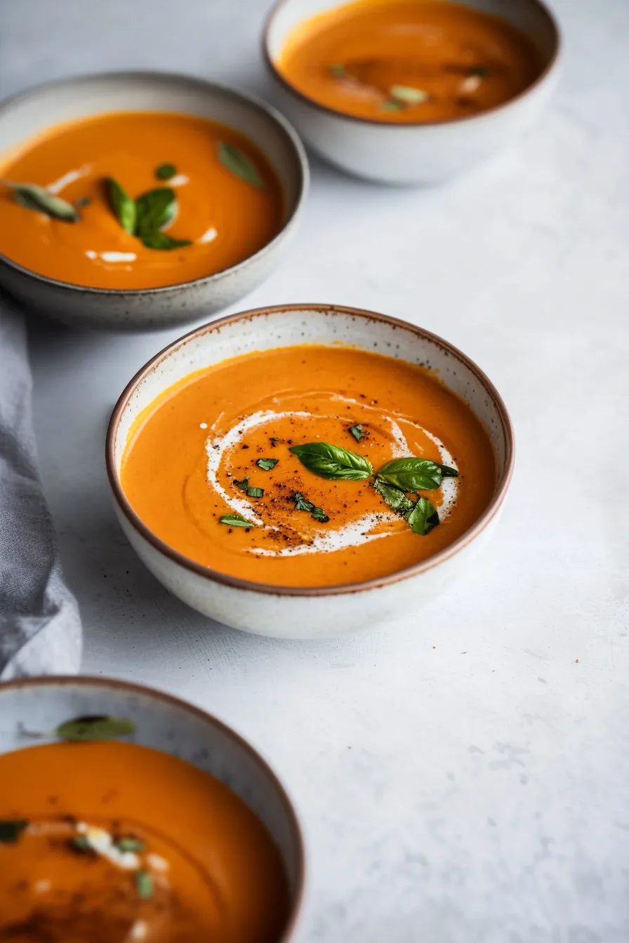 Comforting fall soup presented with fresh basil and a touch of cream on top.