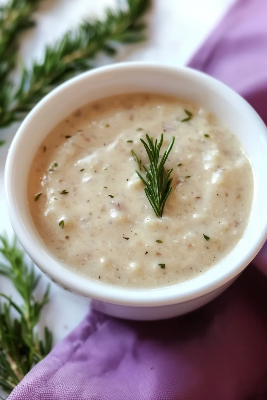 Smooth, rustic-style bread sauce garnished with fresh herbs.