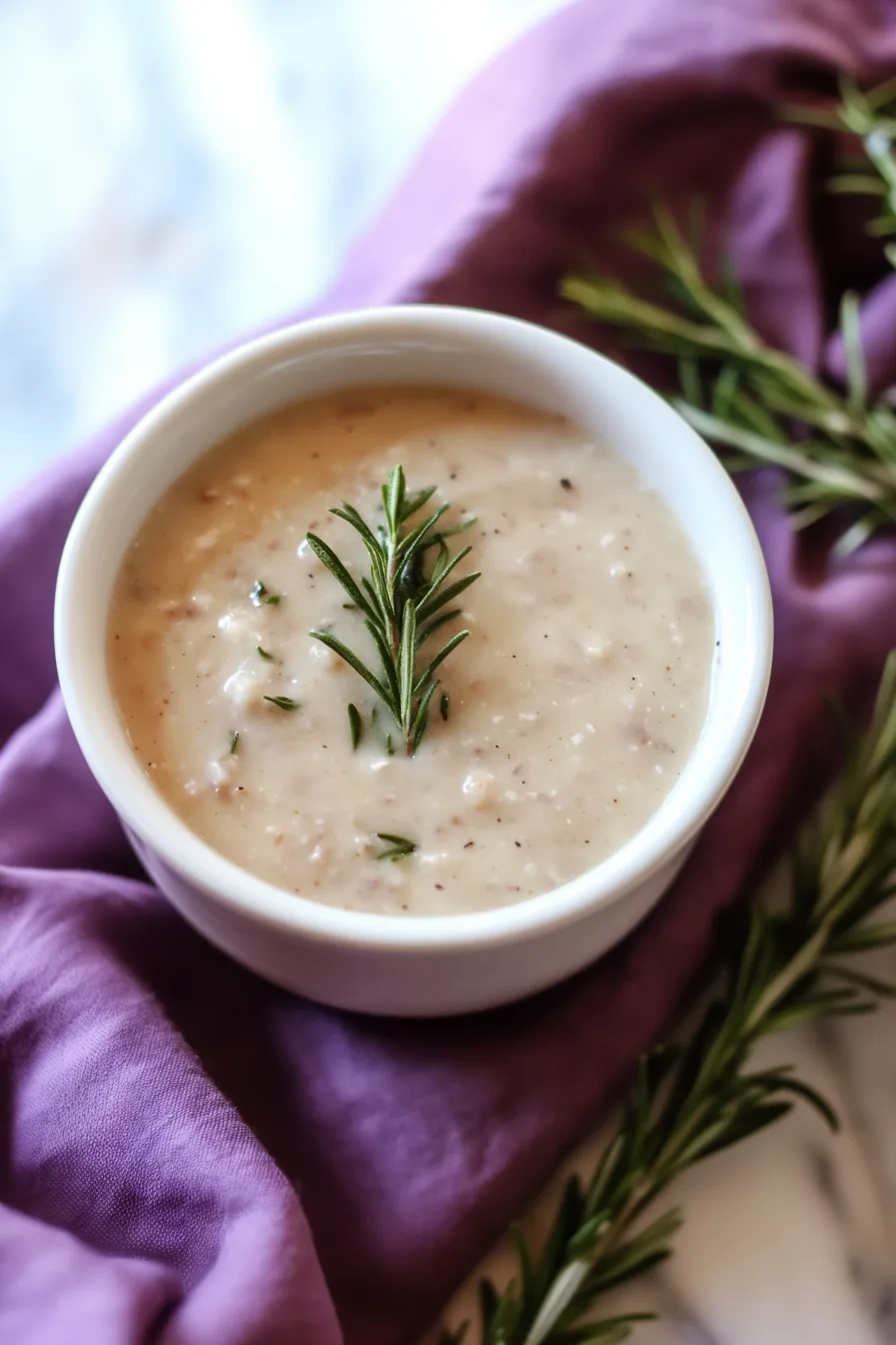 Bowl of creamy homemade sauce placed on a purple napkin.